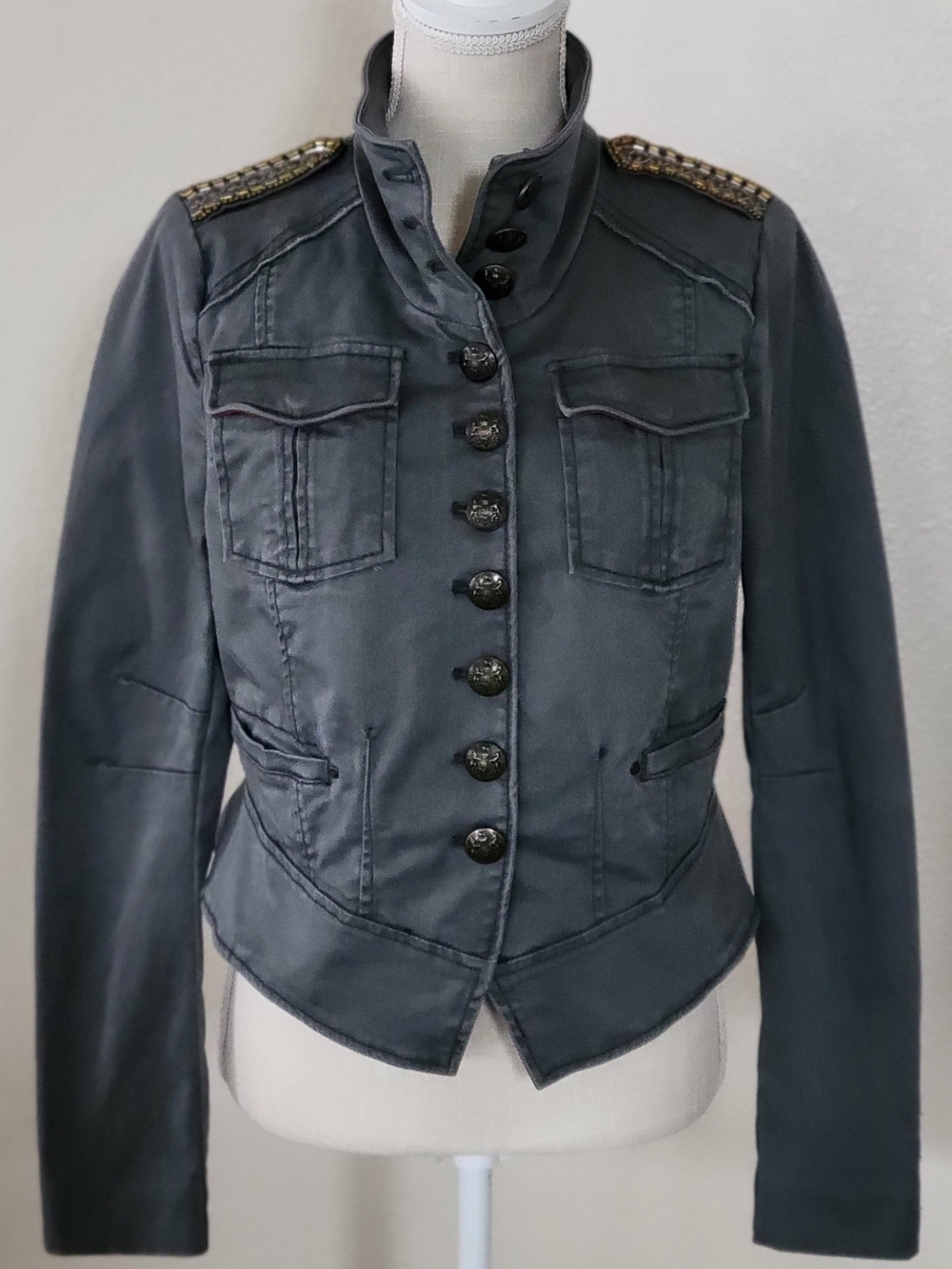 Free People Shrunken Officer Military Jacket Grey Denim Beaded Epaulettes Small